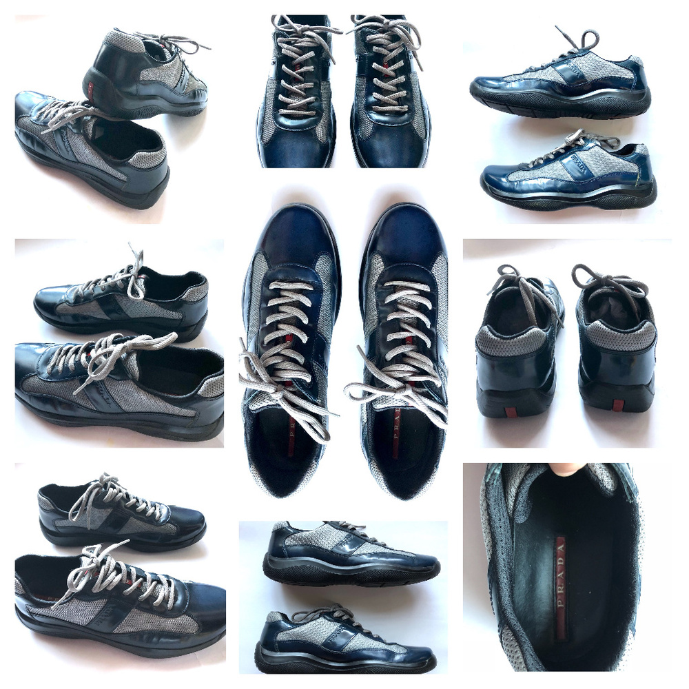 SOLD! Prada Leather Navy Blue Black Sneakers 9.5 - Picture 1 of 8